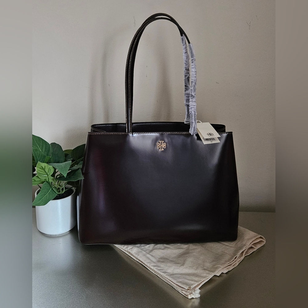 Tory Burch nwt Britten Tempranillo Smooth Leather tote bag deep brown
